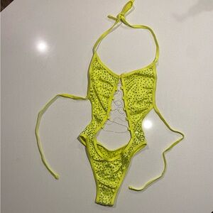 Neon Yellow Rhinestone Exotic Outfit